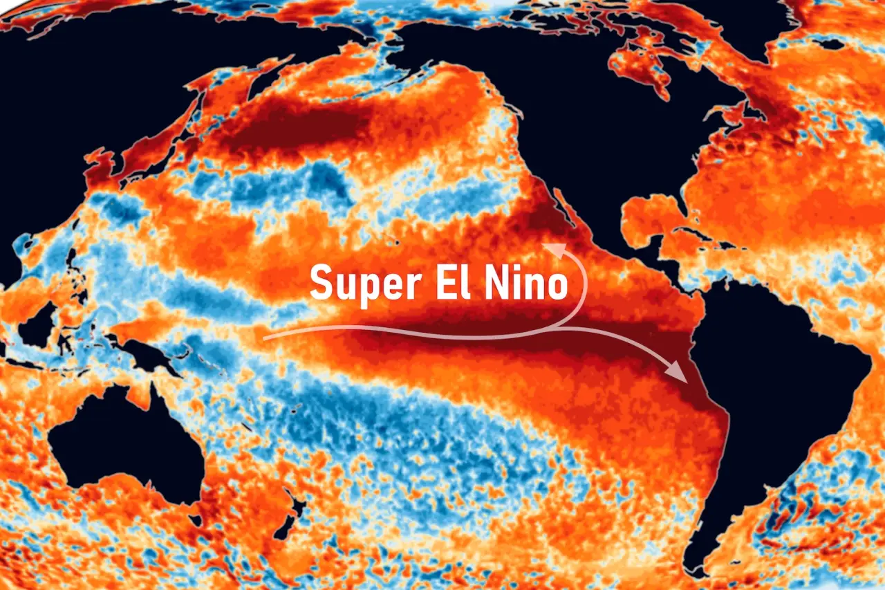 Map of the Pacific Ocean, water surface temperature anomalies, record accumulation of superheated water, the Super El Nino phenomenon in the entire history of human observations of the Earth climate