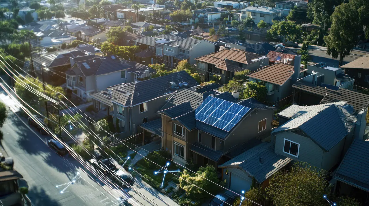 A decentralized grid system in an urban neighborhood, where homes use a combination of rooftop solar, battery storage, and peer-to-peer energy trading to reduce reliance on a central grid