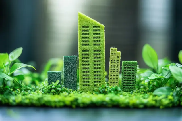 Eco-city model amidst greenery, sustainable development concept